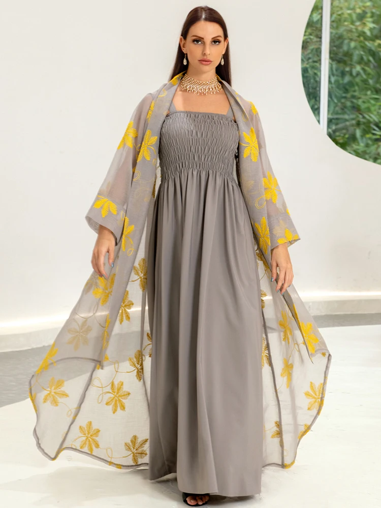 Arabic Dress 2 Piece Set Dubai Party Evening Gown Yellow Embroidery Kimono Cardigan+Smocked Bodice Dress Ramadan Muslim Woman