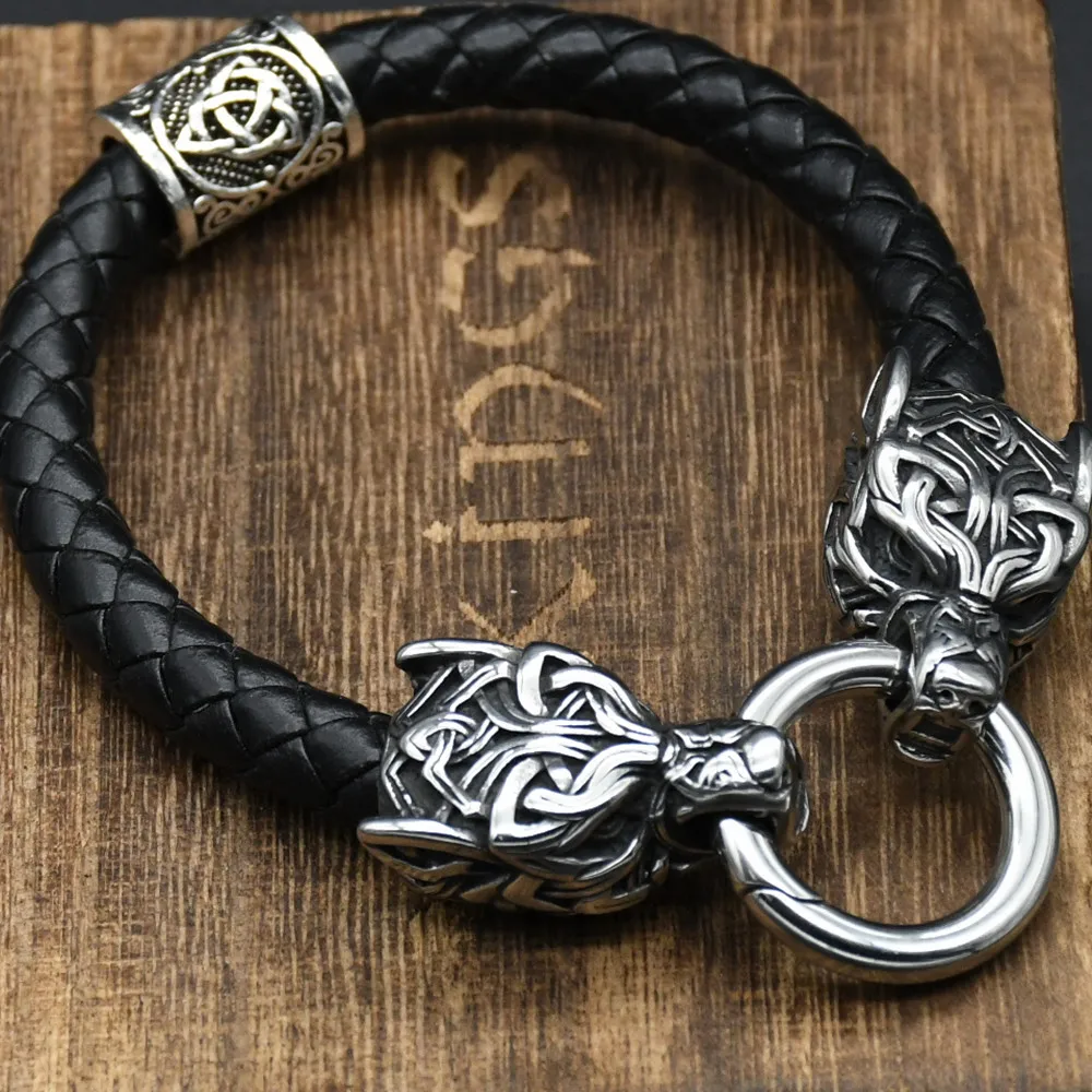 Stainless Steel Wolf Head Bracelets For Women Men Viking Rune Beads Leather Bracelet Jewelry