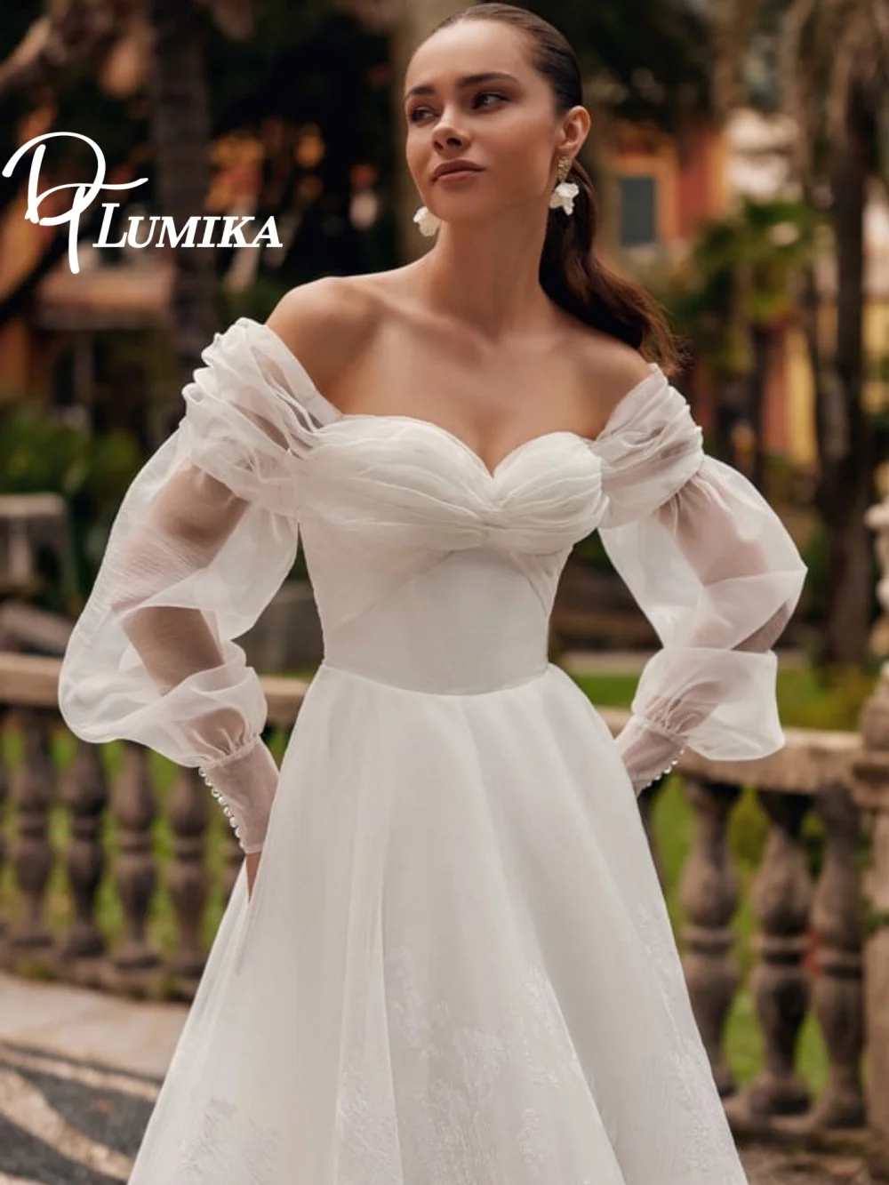 فستان زفاف متجدد الأكتاف وأكمام منتفخة 2026 فستان زفاف أنيق من الدانتيل الشفاف رومانسي على شكل حرف a بطول الأرض رداء D