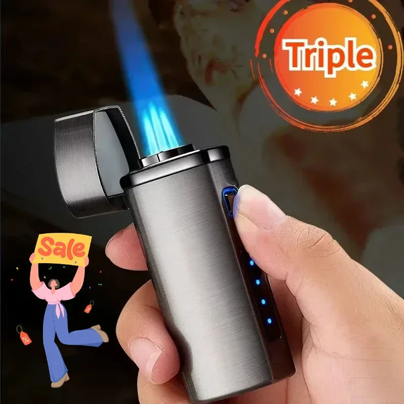 ولاعة ثلاثية اللمس الاستشعار ولاعة معدنية كهربائية لهب أزرق نفاثة السيجار أداة يندبروف USB توربو ثلاثة مصباح يدوي أخف الرجال #2