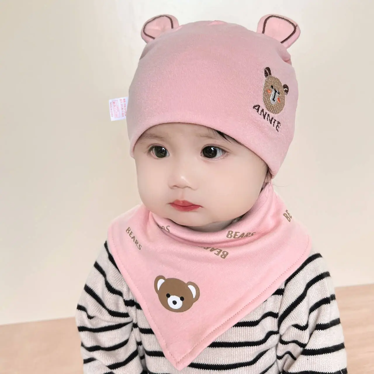 2pcs/set Eslatic headscarf double layer cotton baby caps&hats with baby bibs set for newborn infant Candy Color