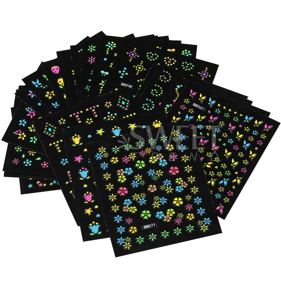 3D Neon Nail Stickers Sets Fluorescence Flower Stars Heart for Children Students Nails Cute Cartoon Design Art Decals Manicure