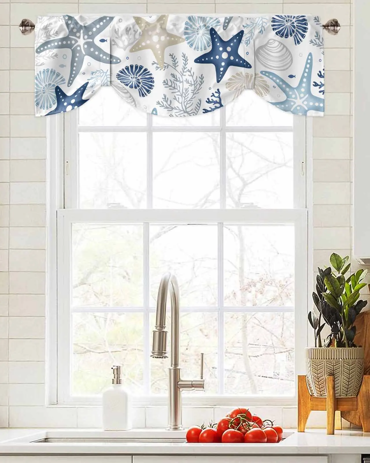 Marine Organisms Corals Starfish Shells Window Curtain Living Room Kitchen Cabinet Tie-up Valance Curtain Rod Pocket Valance