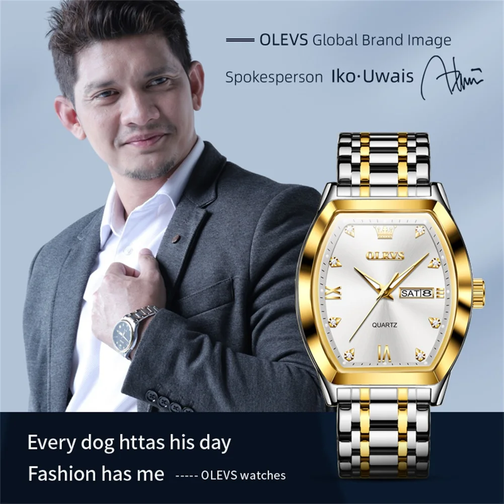 OLEVS 5528 Brand Men\'s Quartz Watches Barrel Shaped Stainless Strap Waterproof Date Week Display Business Quartz Watch for Men