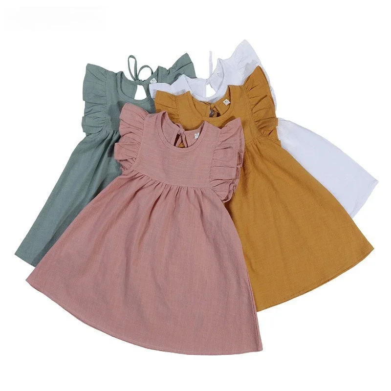 Kid Girl Dress Sweet Solid Color Sleeveless Dress Ruffled Shoulder Details Back Tie Children Adorable Skirt Casual Comfortable