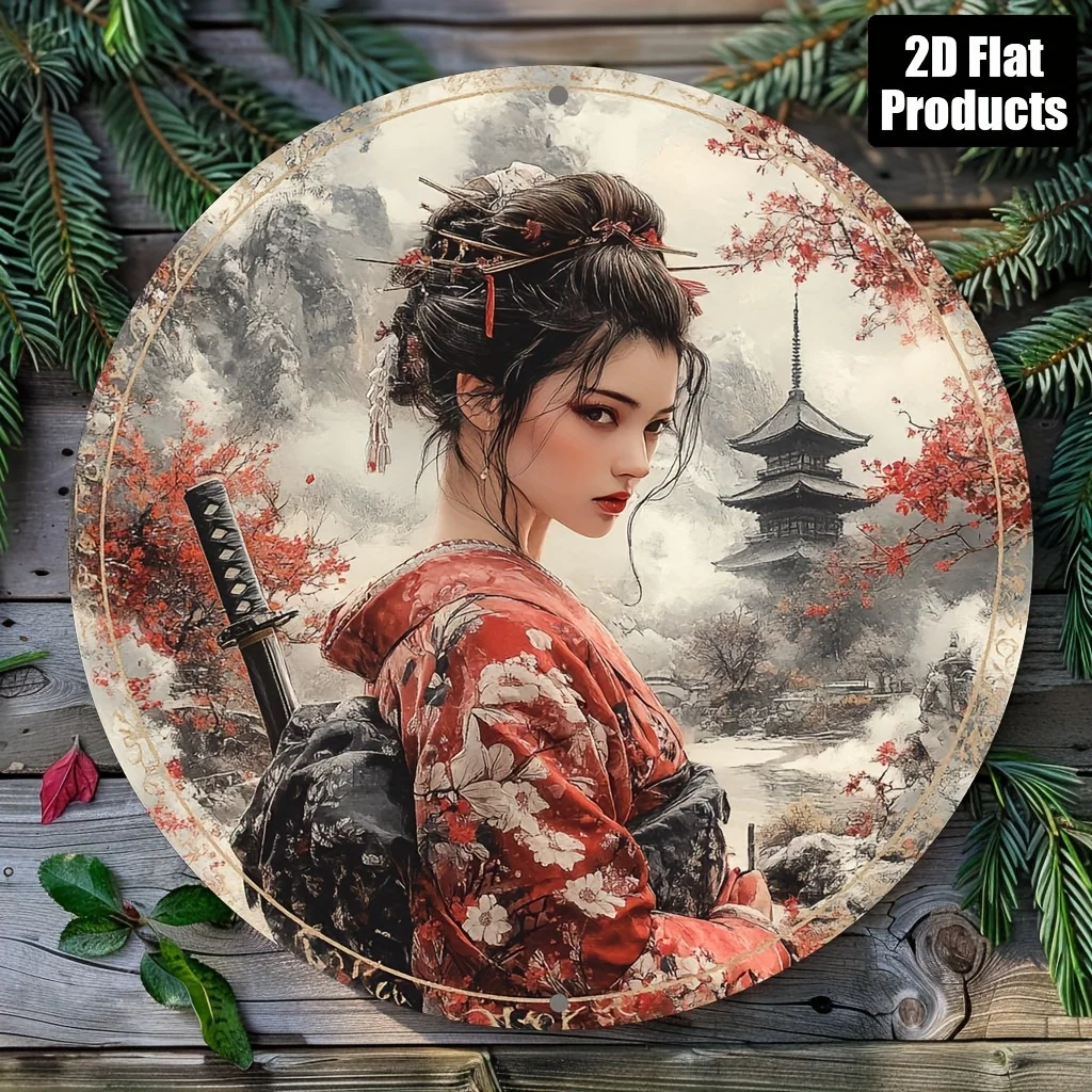 Vintage Japanese Geisha Samurai Round Tin Sign, Retro Distressed Red Kimono Cherry Blossom Pagoda Mountain Landscape Metal Wall