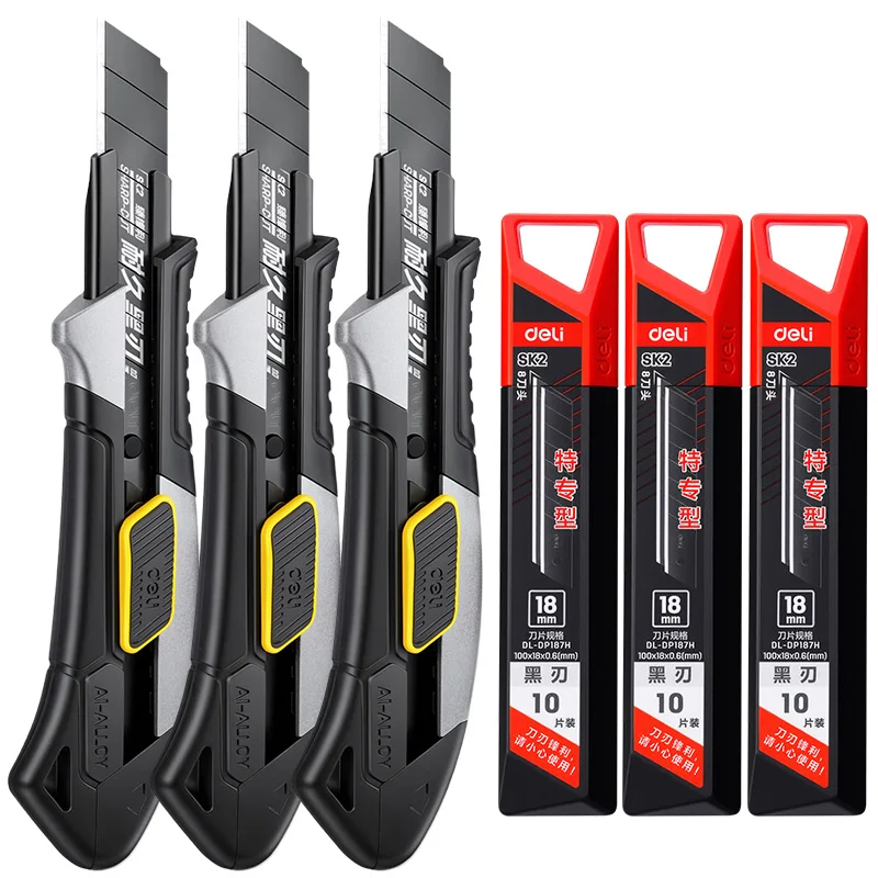 

Heavy Duty Alloy Steel Utility Knife 3 Piece Set 18mm Blades Comfortable Grip Professional Cutter Tool Kit With Replacement