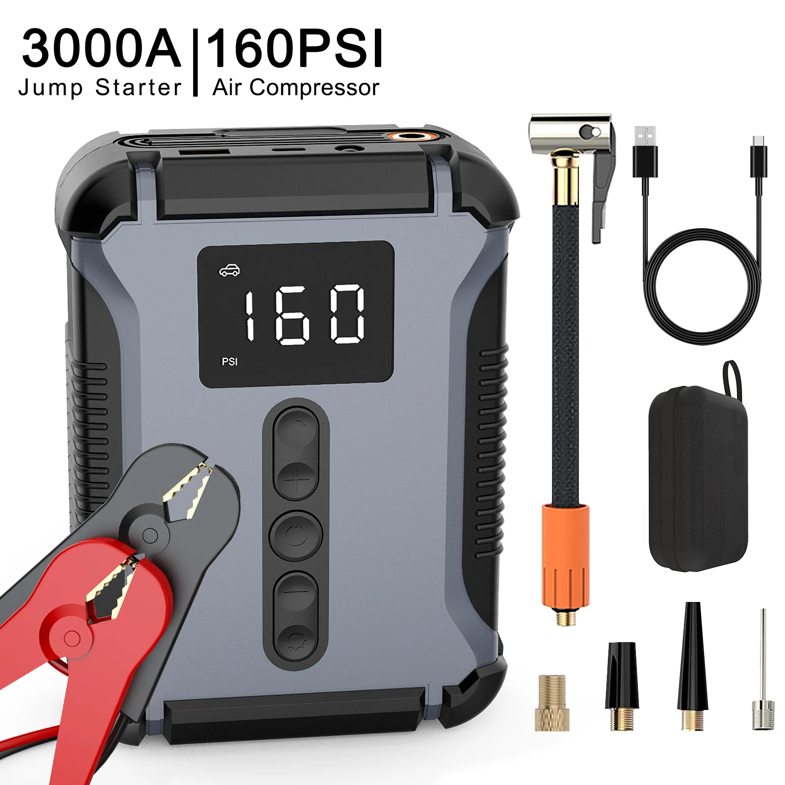 2026 16000mAh Portable Jump Starter Air Pump Compressor High Capacity Power Bank with LED Light for Car Truck Tyre Inflation