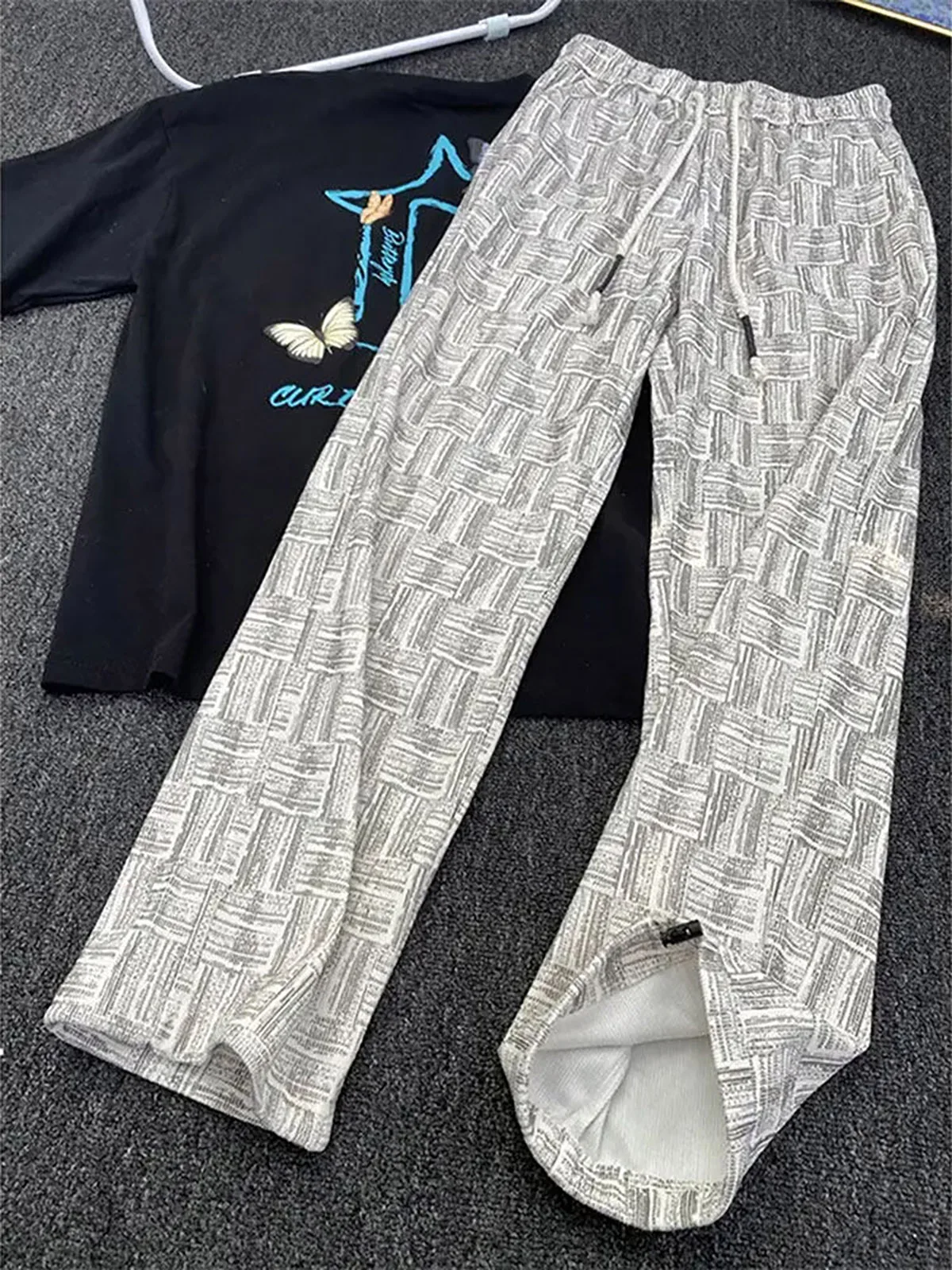 Heavyweight Plaid Tie-Dye Sweatpants Men's Breathable CleanFit Straight Casual Loose Wide Leg Long Pants Summer Leisure