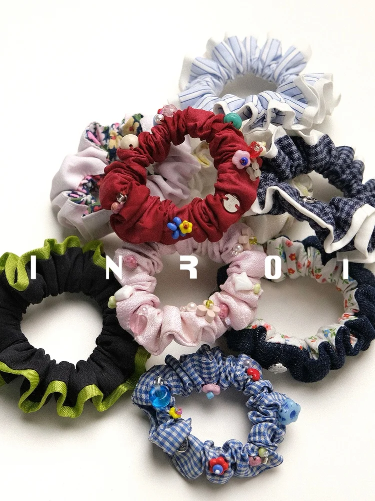 オリジナルハンドメイド-inroi-シュランチー-3点セット-ドーパミン刺繍ビーズヘアタイ-おしゃれなヘアアクセサリー