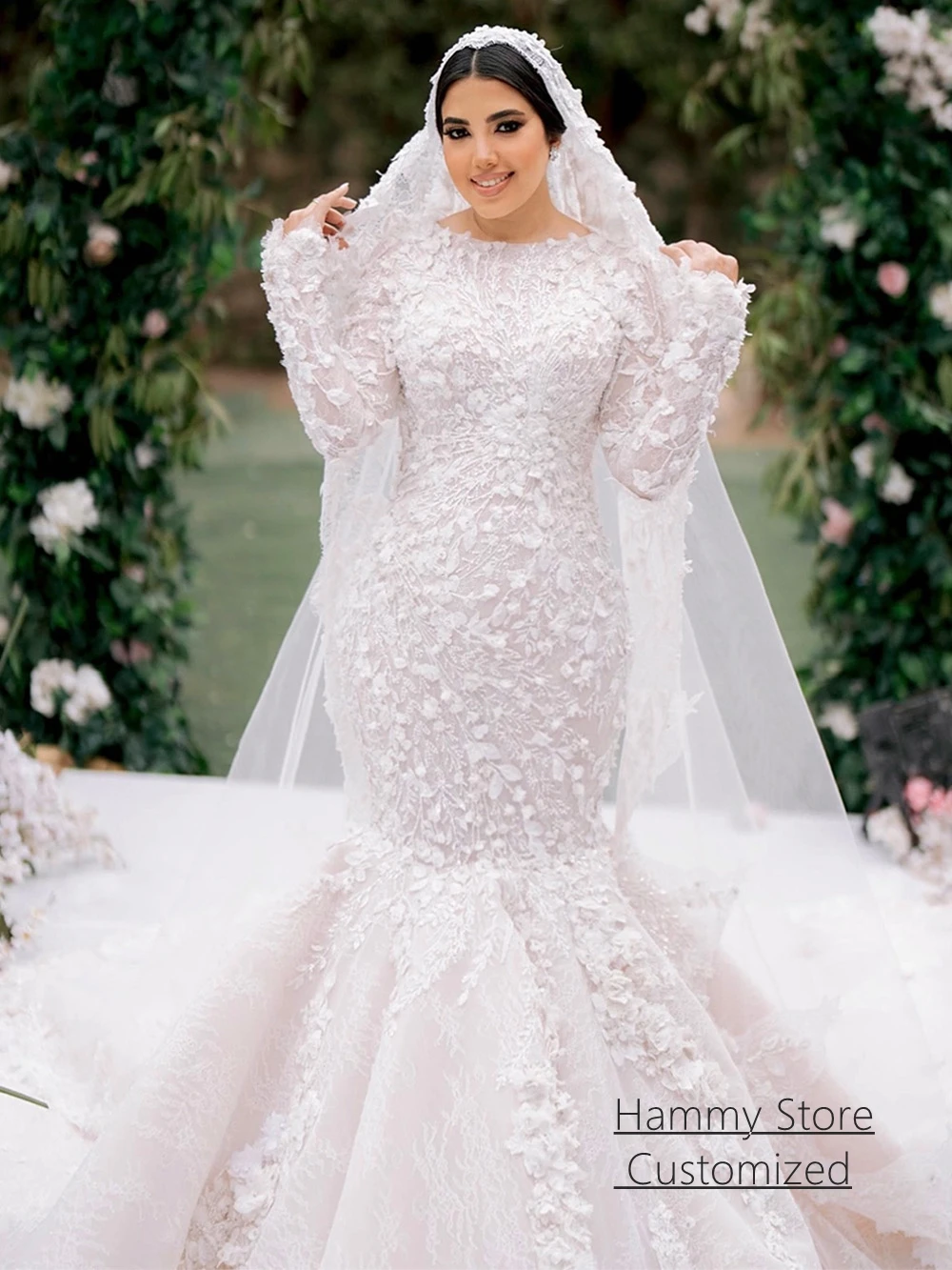 Customized Exquisite Lace Mermaid Wedding Dress Long Sleeves O Neck Flowers Applique Court Train Bridal Gown for Bride