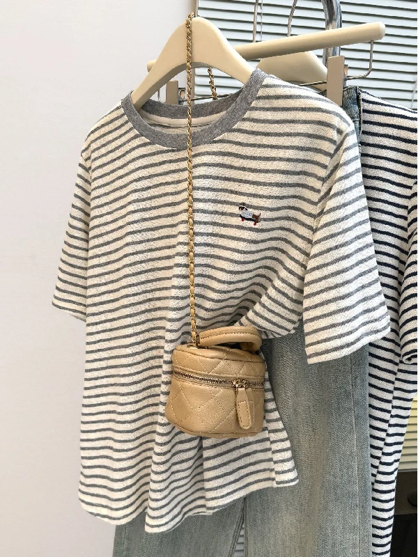 

plus Size Women's T-Shirt Short Sleeve Embroidered Loose Fit Summer Striped Base Shirt Cartoon Style Casual Breathable Polyester
