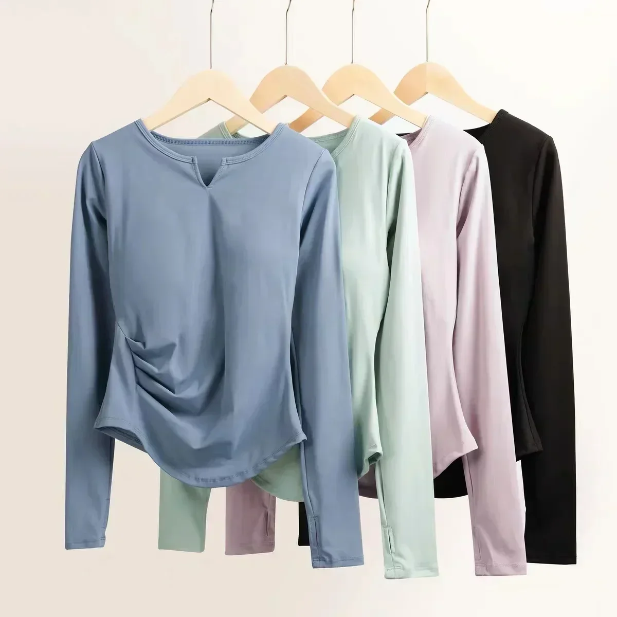 

Solid Color Women V Neck Slim Fit Long Sleeved Running T Shirt Thumb Hole Sport Lightweight Shirts Hem T Shirt Tunic Pilates Top