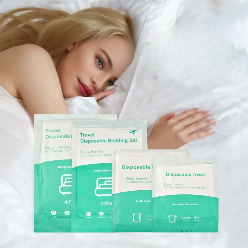 Juego de cuatro piezas portátil desechable de ropa de cama de hotel sucia, sábanas gruesas, juego de funda de almohada de viaje, material no tejido de alta calidad