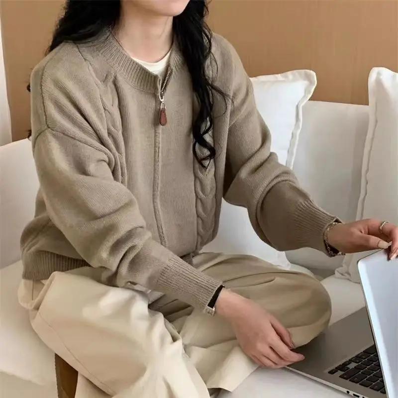 เสื้อโค้ทไหมพรมทรงสวีตเตอร์แบบเกาหลีเรียบง่าย ซิปแบบเส้นต่อเส้น ลายเกลียวขนมทอด สำหรับผู้หญิง ดีไซน์ใหม่ล่าสุดสำหรับฤดูใบไม้ร่วงและฤดูหนาว เสื้อถักอเนกประสงค์