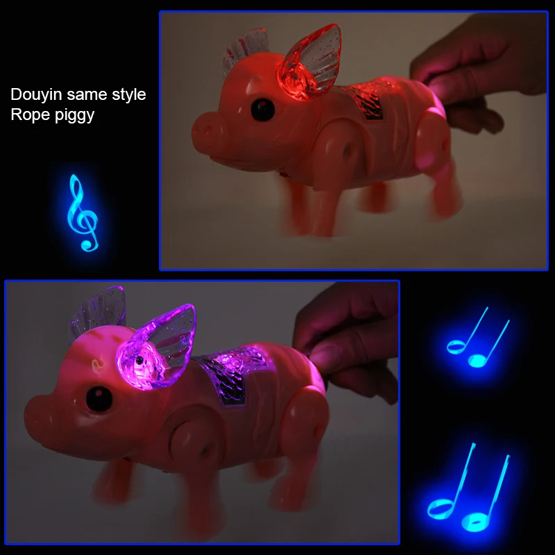 Electric Pulling Rope Pig Batteries Powered Luminous Music Walking Pig Toy Pets Interactive Toys With Light For Children Gifts