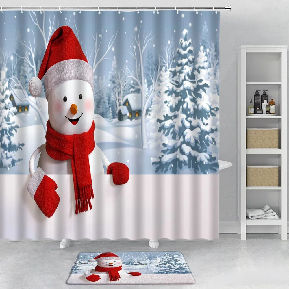 2pcs Set Cute Santa Claus White Snowflake Shower Curtain Children New Year Blue Xmas Bathroom Curtains and Non-slip Bath Mat Rug