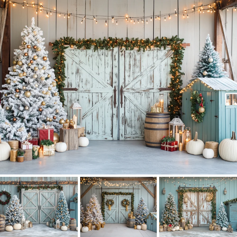 Farm Style White Wood Barn Door Christmas Backdrop Frost Tree Wine Barrel Pumpkin Decor Cloth for Winter Party Photo Prop