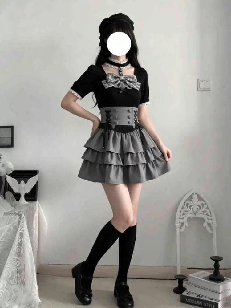 Japanese Sweet Lolita 2 Pieces Sets Women Puff Sleeve High Waist Shirt + Lace Plaid Bow Ruffled Skirt Kawaii Y2k Korean Outfits