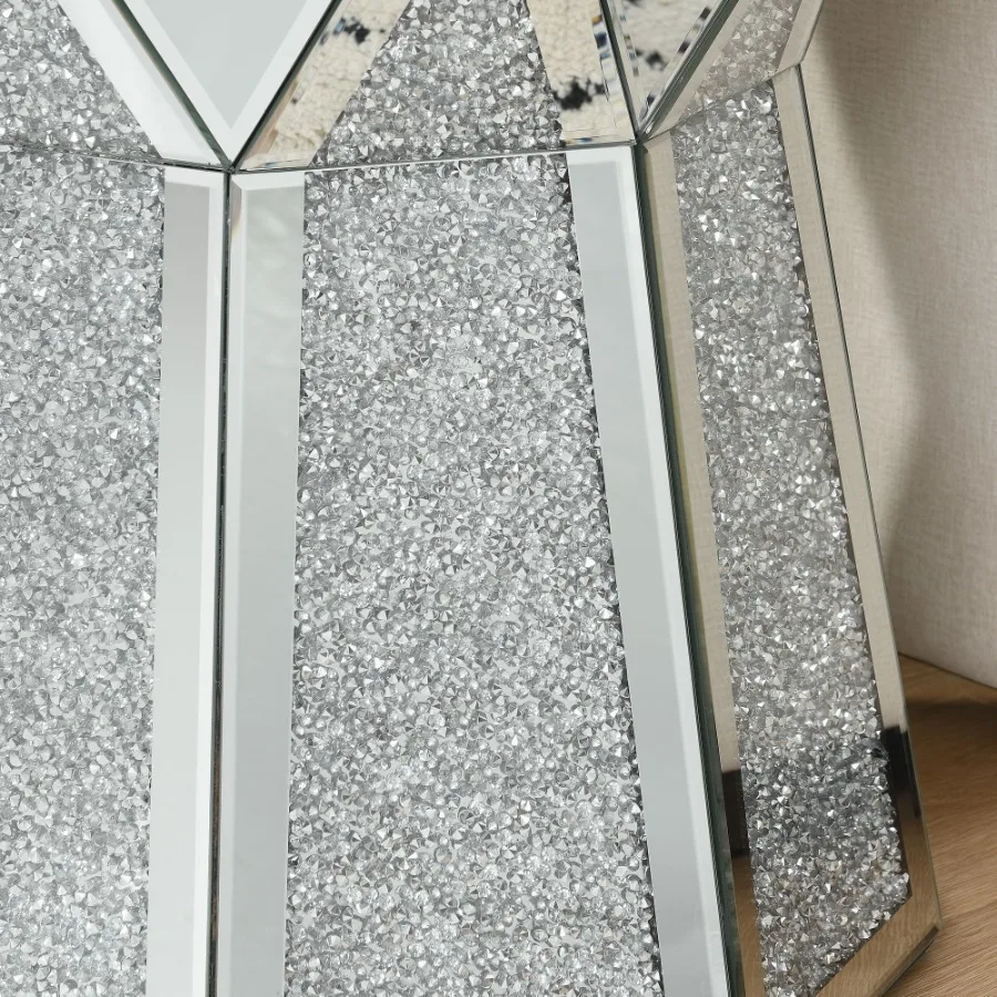 طاولة قهوة على طراز الطبل مع مرآة مرصعة بالكريستال وطاولة مزخرفة فضية متعددة الأضلاع وتصميم حديث وأثاث عصري فاخر 20 بوصة