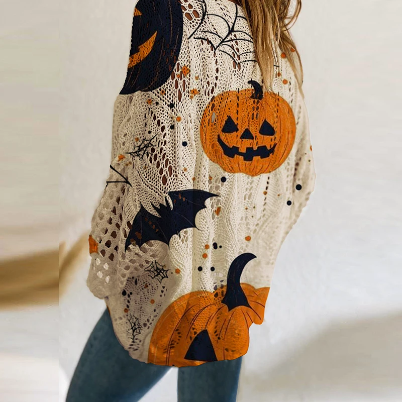 Fashion Halloween Sweater Women Pumpkin And Bat Printed Long Sleeve Loose Knitted Sweaters For Women Casual Jumper Pullover Tops