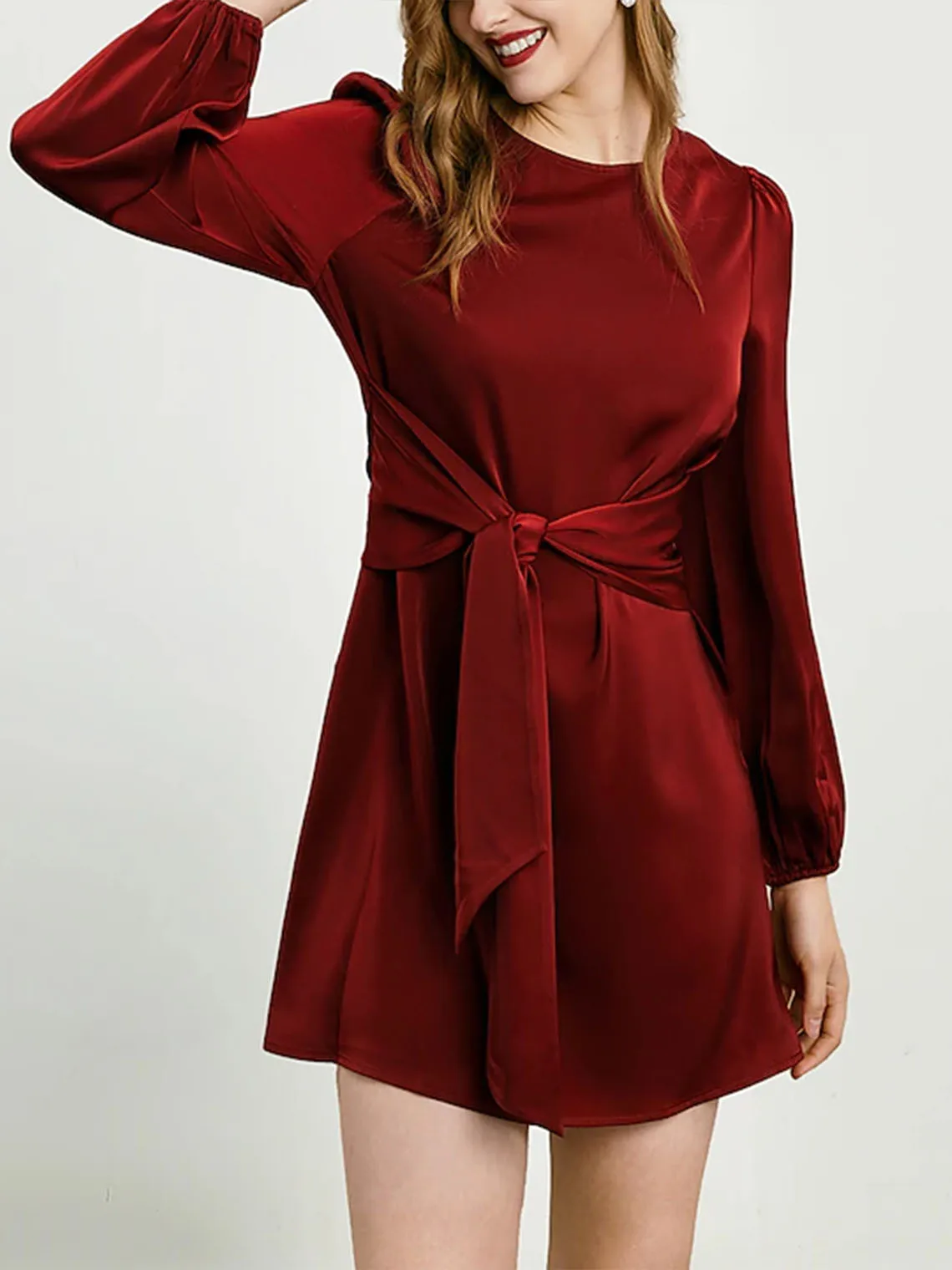 

Elegant Long Sleeve Satin Cocktail Dress A-Line Ruching Lace Up Mini Party Dress 2025 free customized