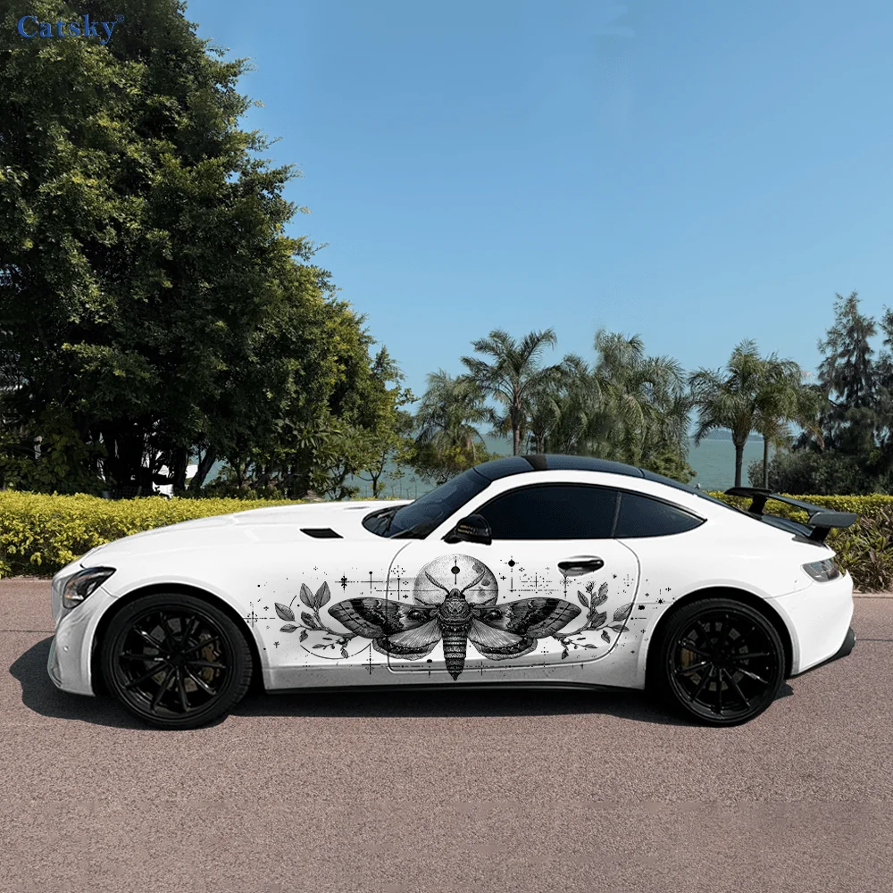 

CATSKY.2pcs.Cool Retro Black-and-White Car Wrap Sticker of Moth Wings with Moon Patterns (Decorative & Scratch-Resistant, Fade-P)