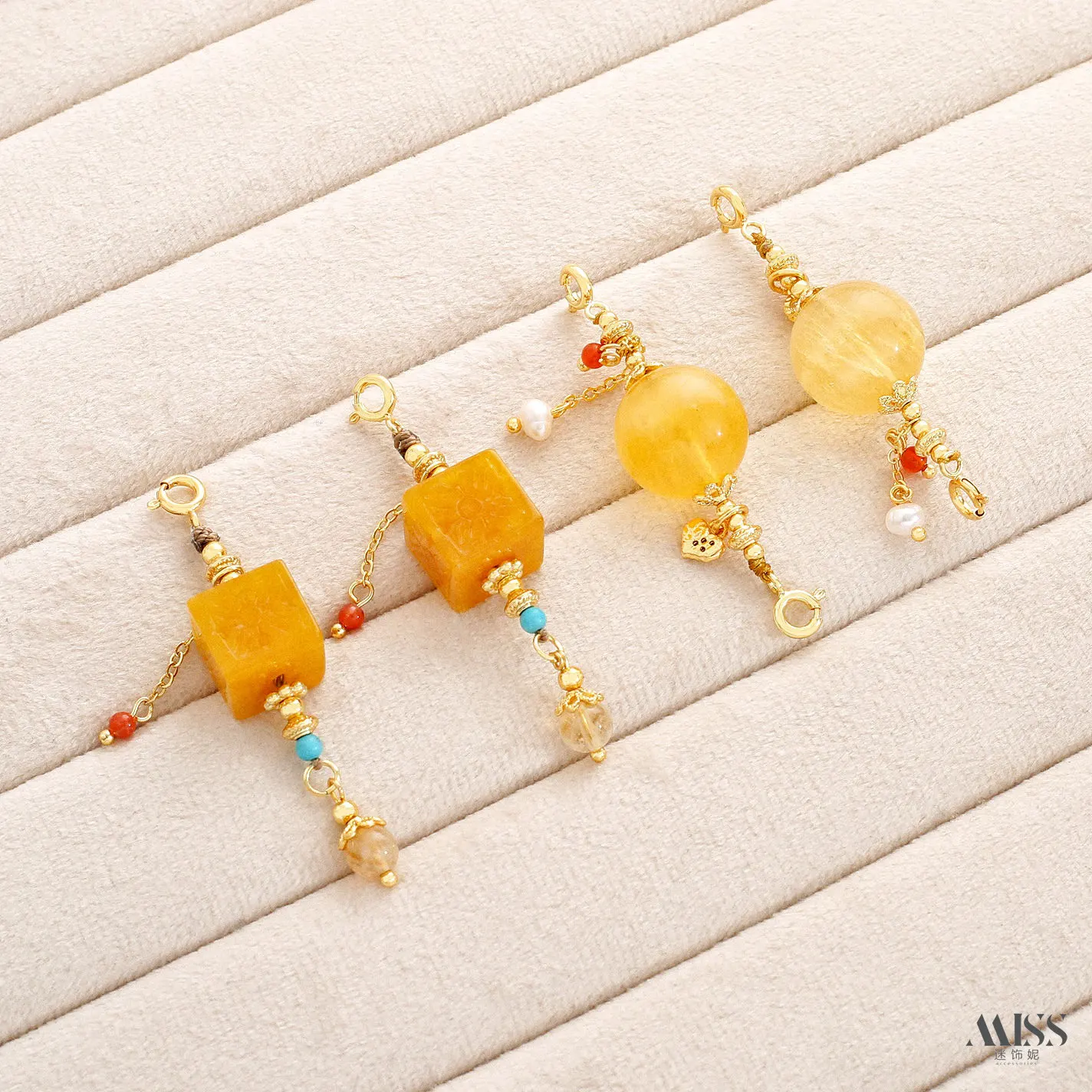 Natural Jade Yellow Jade Square Fringed Pendant Yellow Lily Round Bead Double Buckle Connector DIY Bracelet Necklace Accessories