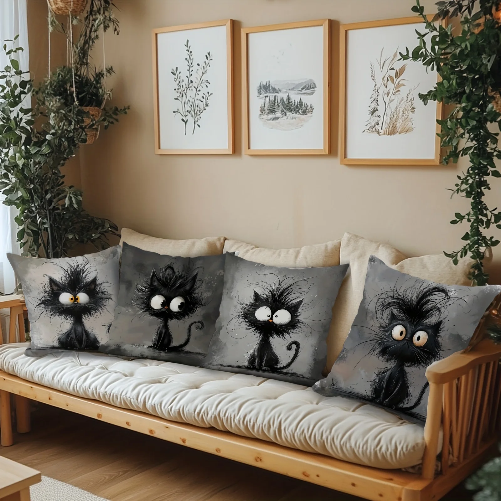 4-piece set of abstract cat decorative pillow covers, featuring funny and whimsical cat designs. Suitable  Insert not included