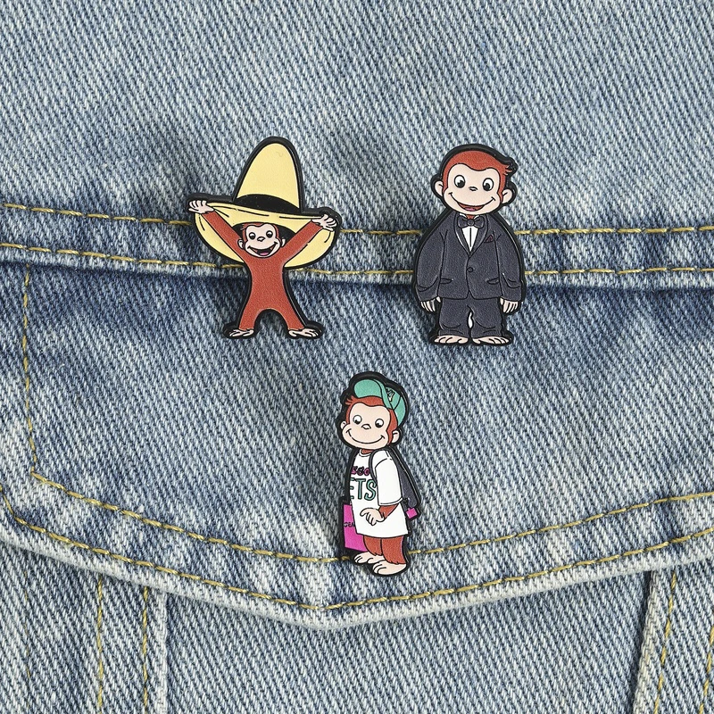 Broches de Esmalte de Livros Ilustrados Infantis: Broches de Macaco Curioso, Emblemas de Animais Fofos, Joias de Desenho Animado, Presente para Crianças e Amigos