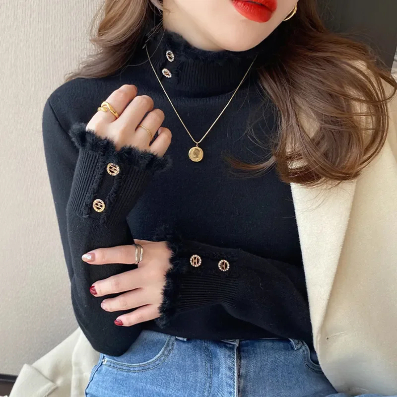 Winter Warm Sweater Pullover Women Slim Thicken Plush Velvet Lined Button Jumper Korean Half Turtleneck Poleras Soft Knit Tops