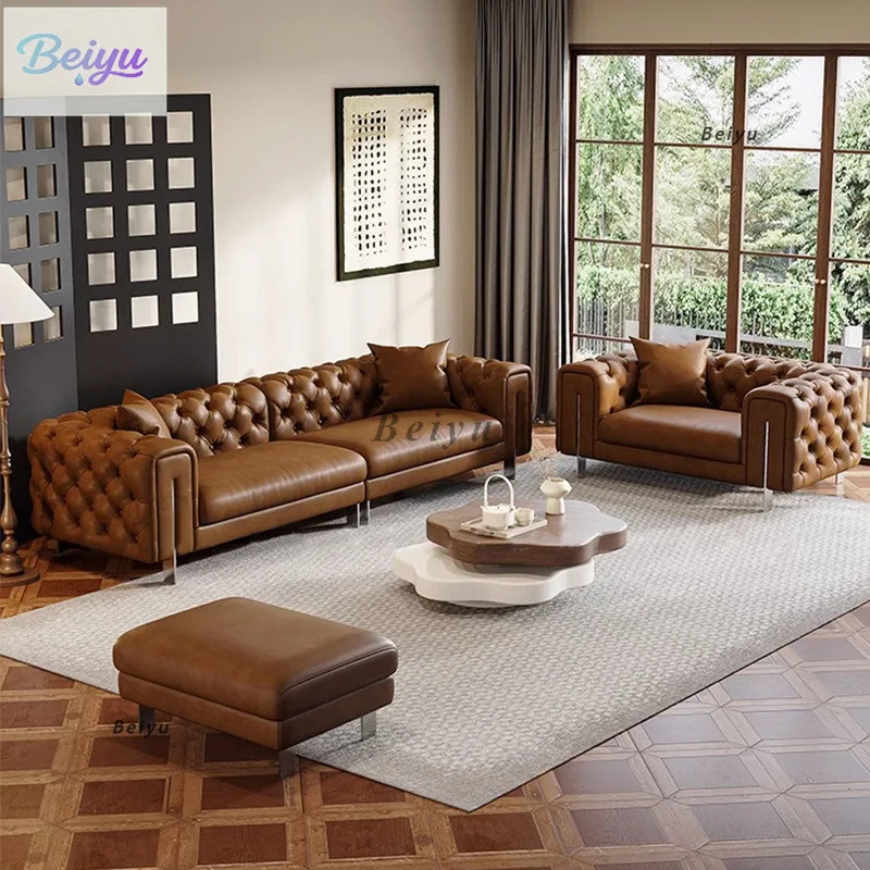 

Modern retro large and small apartment living room leather sofa American medieval style pull button oil wax leather straight row
