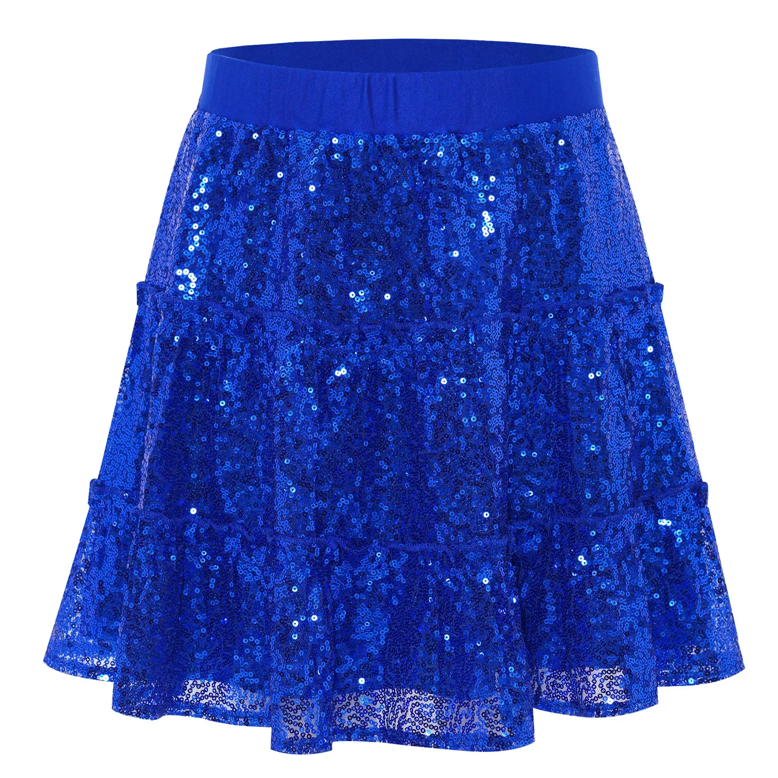 

Kids Girls Jazz Ballet Dance Skirts Sparkling Sequins Elastic Waist Tiered Ruffle Skirt with Lining for Party Stage Performance