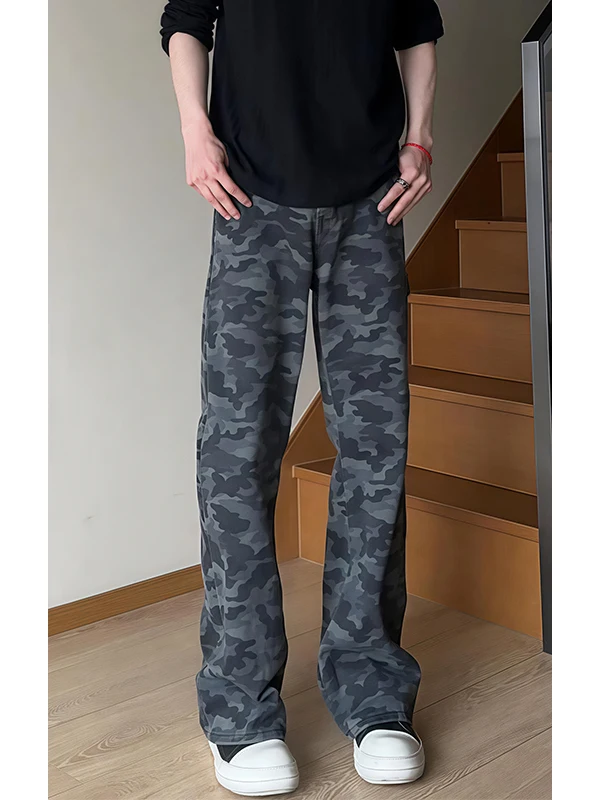 

American Retro Camouflage Jeans Men's Slim Fit Workwear Pants High Street Vibe Straight Leg Micro Flared Trousers
