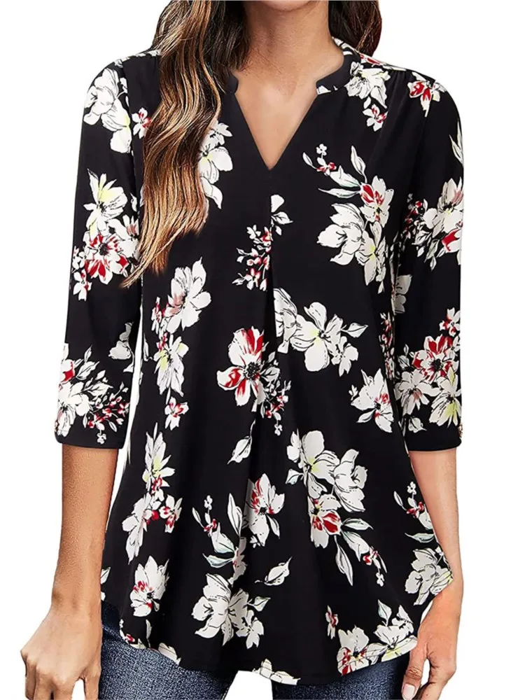 

New T Shirts For Women Three Quarter Sleeves V-neck Tees Floral Printed Daily Casual Loose Vintage Female's Spring And Summer