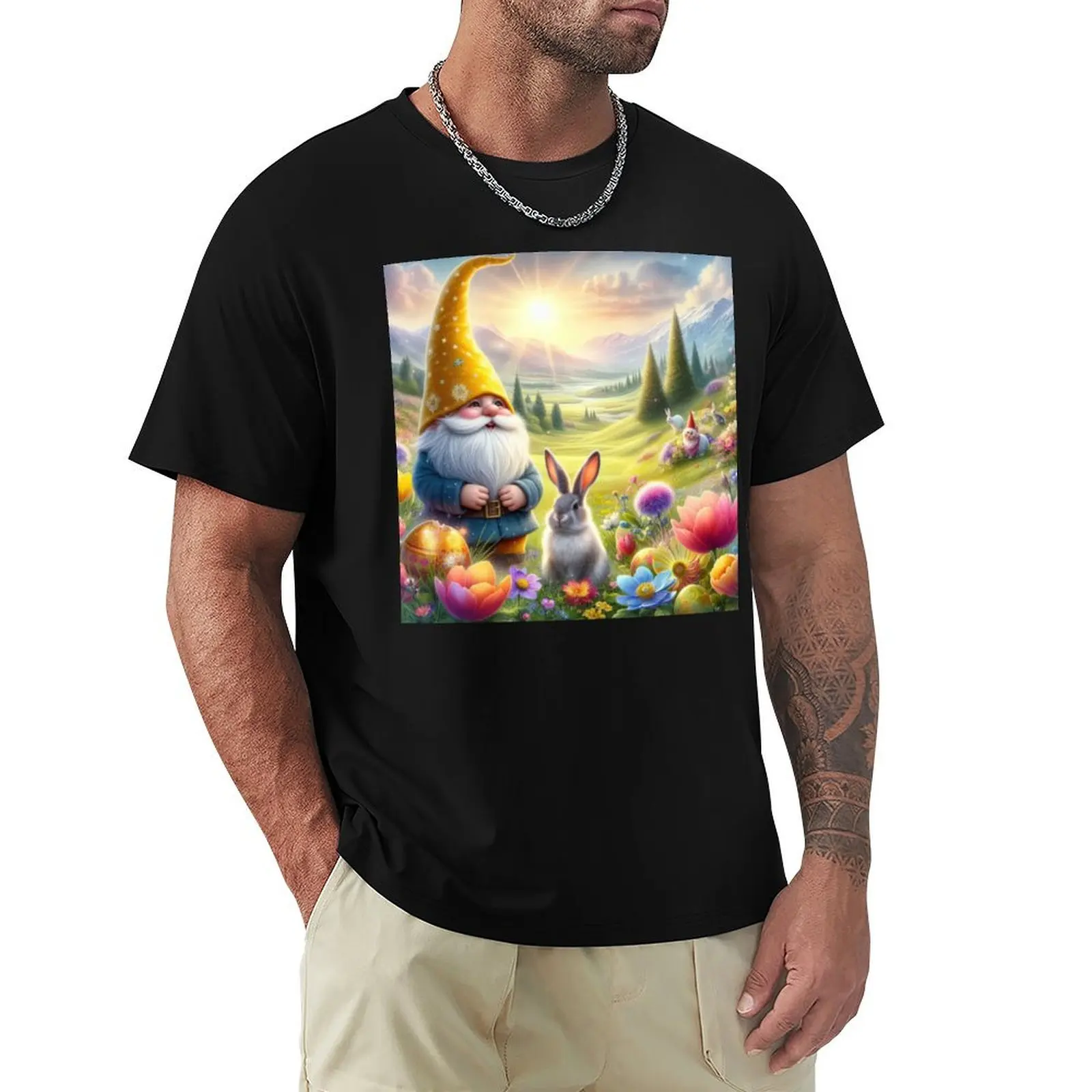 gnome with yellow hat and rabbit happy magical easter landscape T-Shirt t shirt man cotton T-Shirt