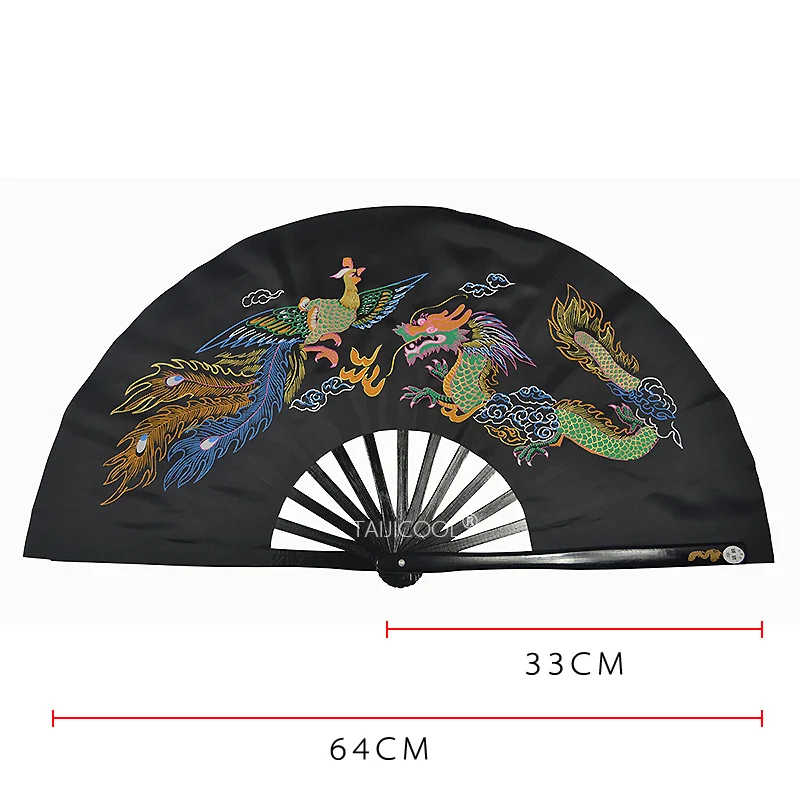 All-Black Dragon and Phoenix Kung Fu Tai Chi Fan with Bamboo Ribs, Double-sided, Easy to Open and Close, and Audible Snap