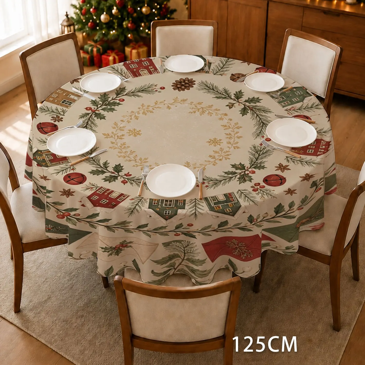 Christmas winter holiday theme, Christmas wreath berry pattern, round table tablecloth