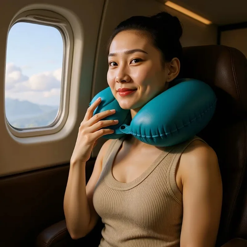 Flocking Inflatable Portable Neck Pillow That Can Be Stored And Self Filled Suitable For Outdoor Travel Business Trips Camping