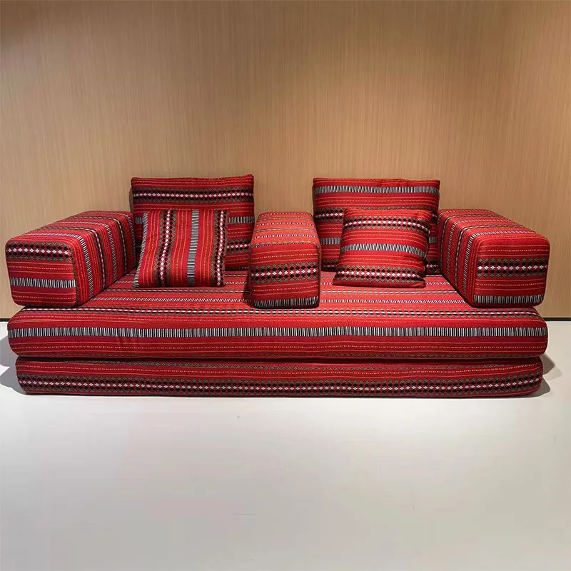 Retro Ethnic Style Jacquard Fabric Compression Sofa Small Apartment Living Room Antique Foldable Lazy Bed Cloud Touch