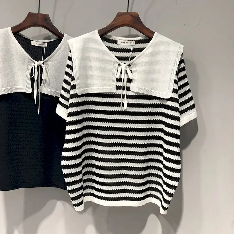 

Summer Trendy T Shirts Women Oversized Loose Pullover Hit Color Navy Collar T-shirt Ice Silk Knitted Short Sleeved Tshirts Tops