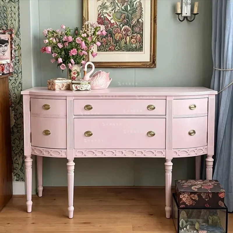 Retro Pink Solid Wood Entrance Cabinet American Light Luxury Small Apartment Storage Living Room Curved Decorative Console