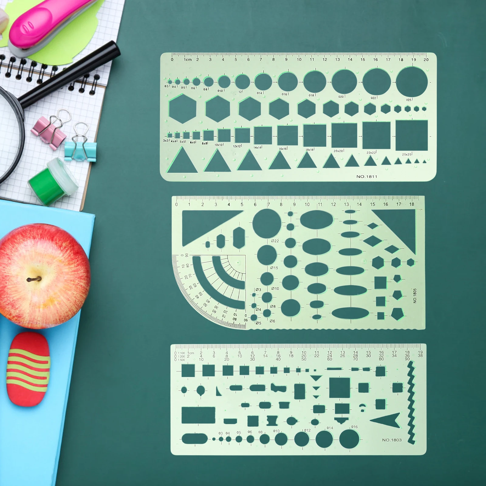 

6 Drawing Templates Metric Centimeters High Grade Plastic Transparent Green Geometric Stencils School Office Design Home