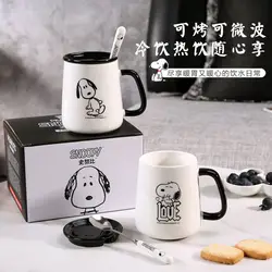 Snoopy animation peripheral cartoon ceramic mug simple water cup with lid spoon high-looking couple home coffee milk cup gift