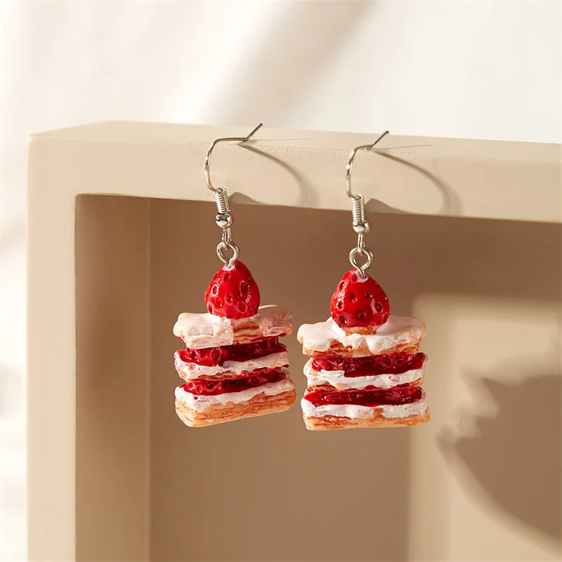 Fashion Women Strawberry Cake Earrings Resin Handmade Girl Sweet Funny Creative Cartoon Cake Food Drop Earring Ear Jewelry Gifts