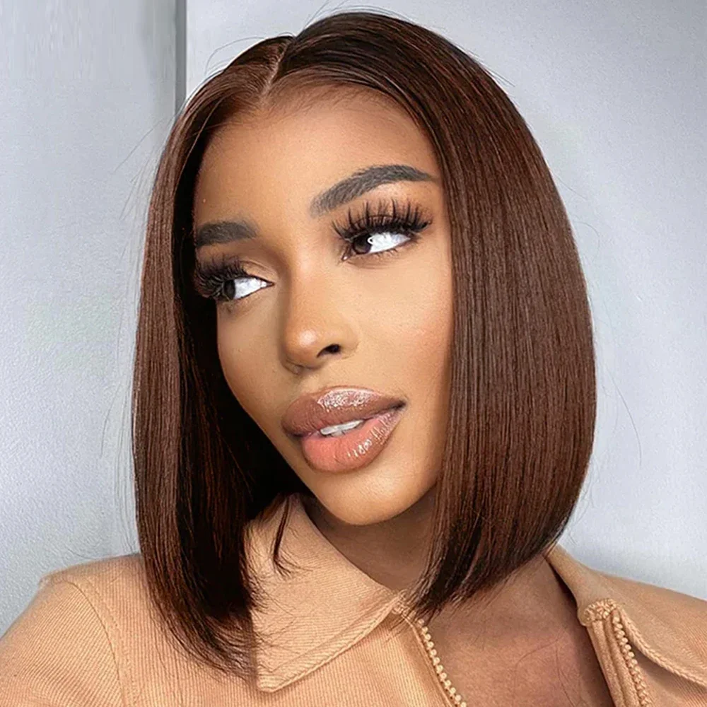 

Шоколадно-коричневые прямые парики-боб с прозрачным кружевным фронтом 13x4, короткие парики-боб из натуральных волос для женщин, 14 дюймов