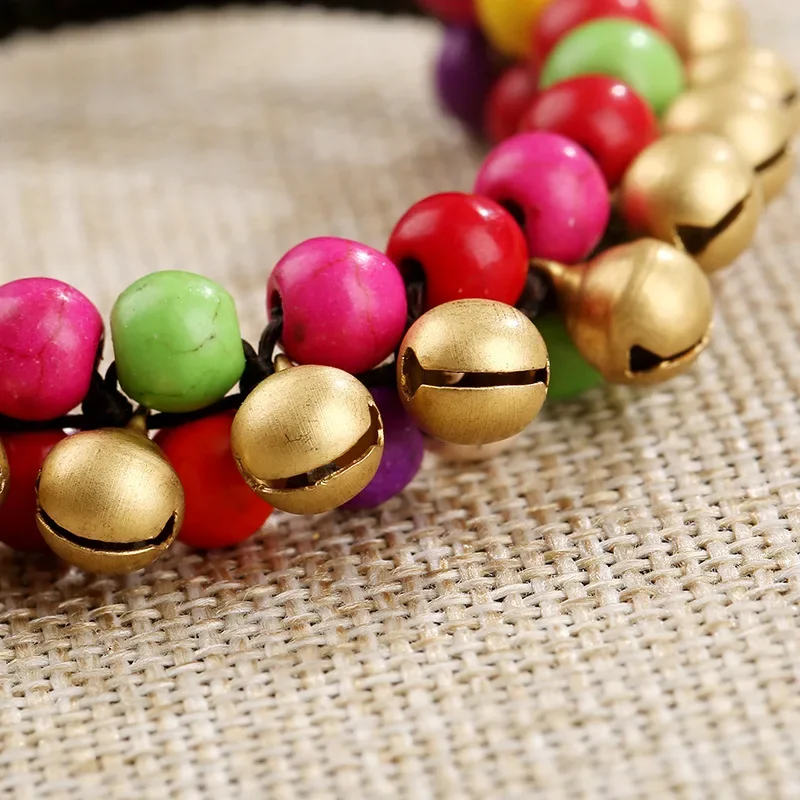 Bohemian Ethnic Style Semi-precious Stone Bell Retro Female Bracelet Wax Rope Hand-woven Beach Style Creative Female Bangle