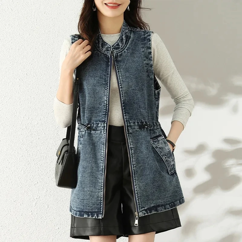 

Spring Autumn Sleeveless Slim Mid-length Women's Denim Vest Coat Be All-match Stand Collar Ladies Cowboy Waistcoat Jacket JJ37