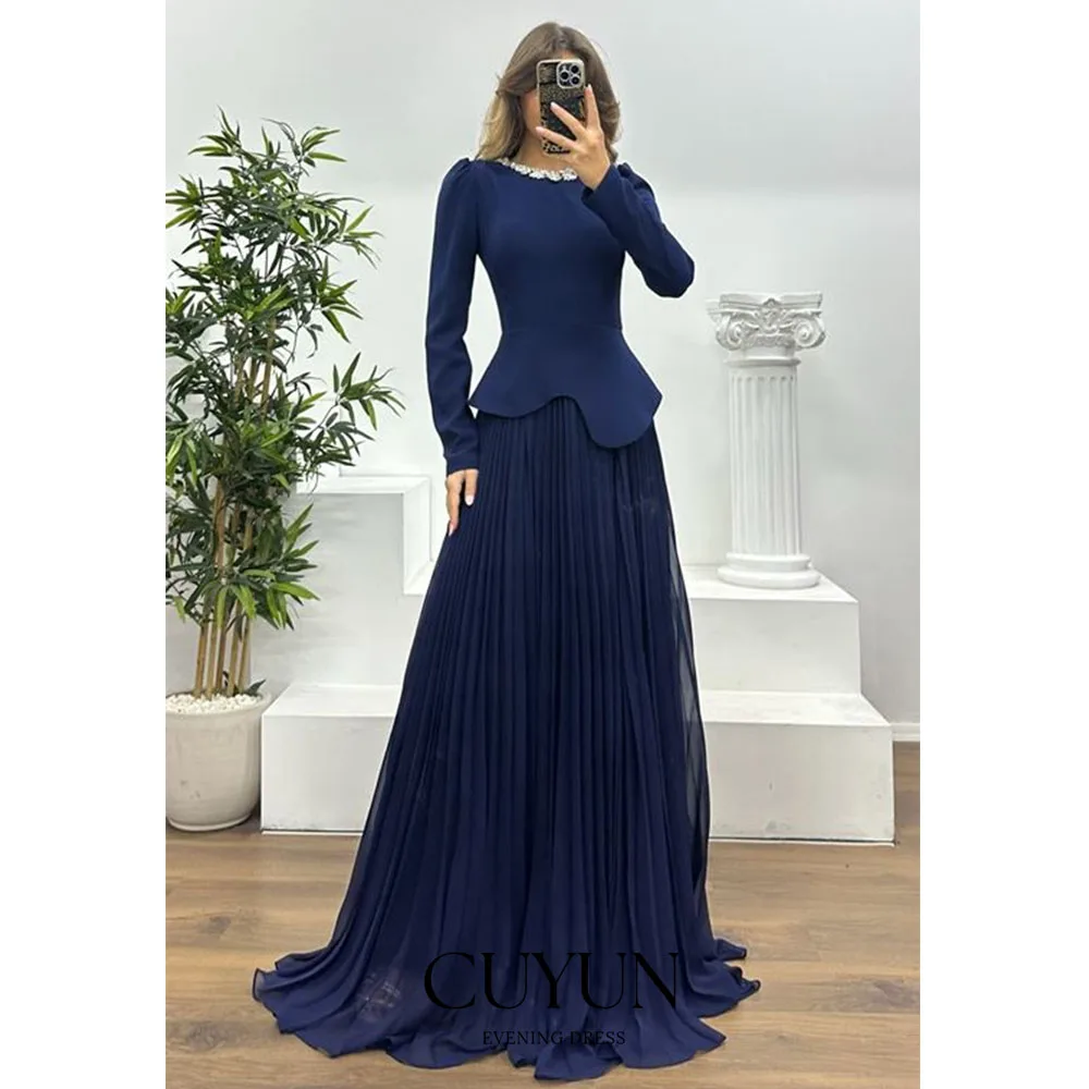 

CUYUN торжественное платье по индивидуальному заказу с овальным воротником и бисером, с длинными рукавами, вечерние платья, женское плиссированное длинное платье для выпускного вечера
