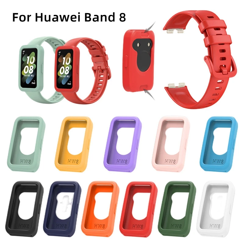 Sport Silicone Strap Case For Huawei band 8 Replacement Soft Cover Smart Watch Band Shell Screen Protector Frame Bumper Bracelet